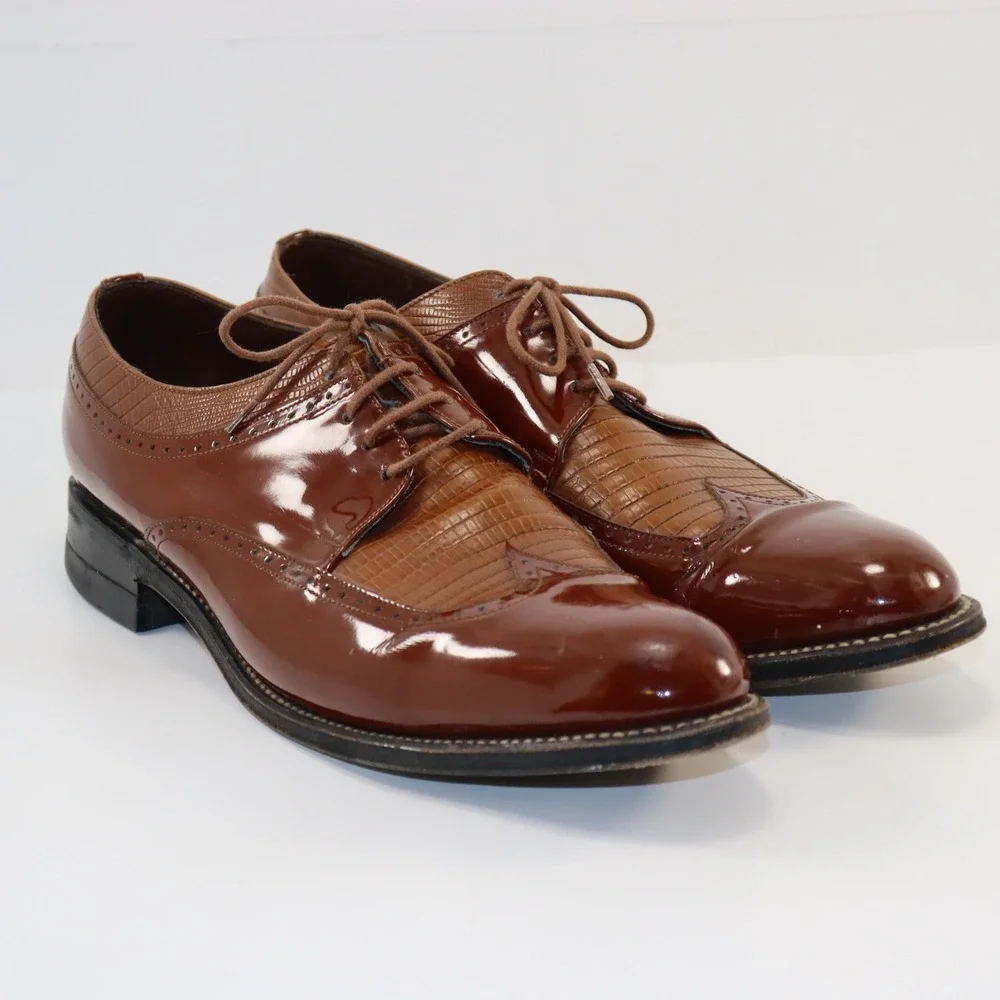 Stacy Baldwin Wingtip‎ Oxford Mens 11 Brown Patent Lizard Embossed Dress Shoes
